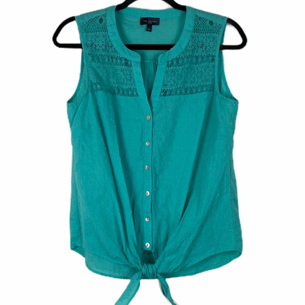 The Limited Teal Swiss Dot Front Tie Blouse Top